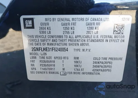 2015 Chevrolet Equinox Ltz z USA, uszkodzony, nr VIN 2GNFLHE31F6240054